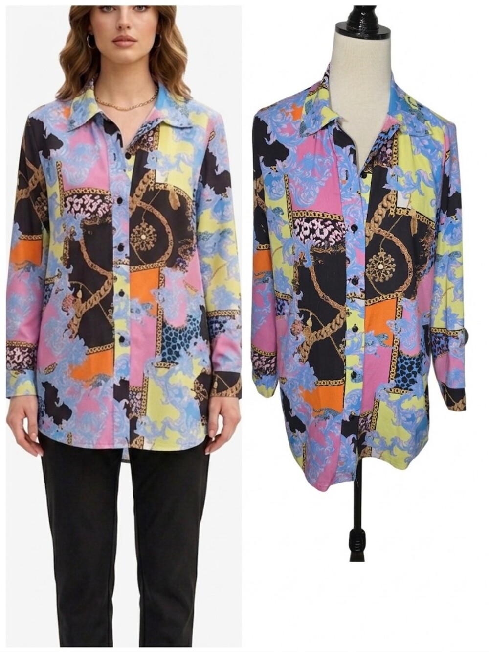 PrettyLittleThing Chain & Baroque Print Longline Oversized Blouse Women's Size 8